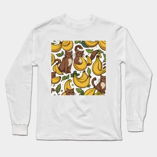 Brown Cat Banana Pattern Long Sleeve T-Shirt